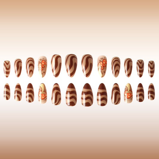 Whimsical Chocolate Dream Long Almond Brown Swirl Design with Unique Mushroom Accent Press-On Nail Set