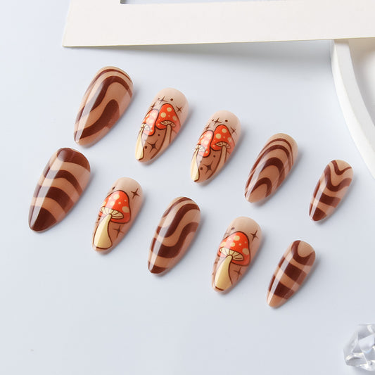 Whimsical Autumn Glossy Long Almond Brown Mushroom Themed Nail Set