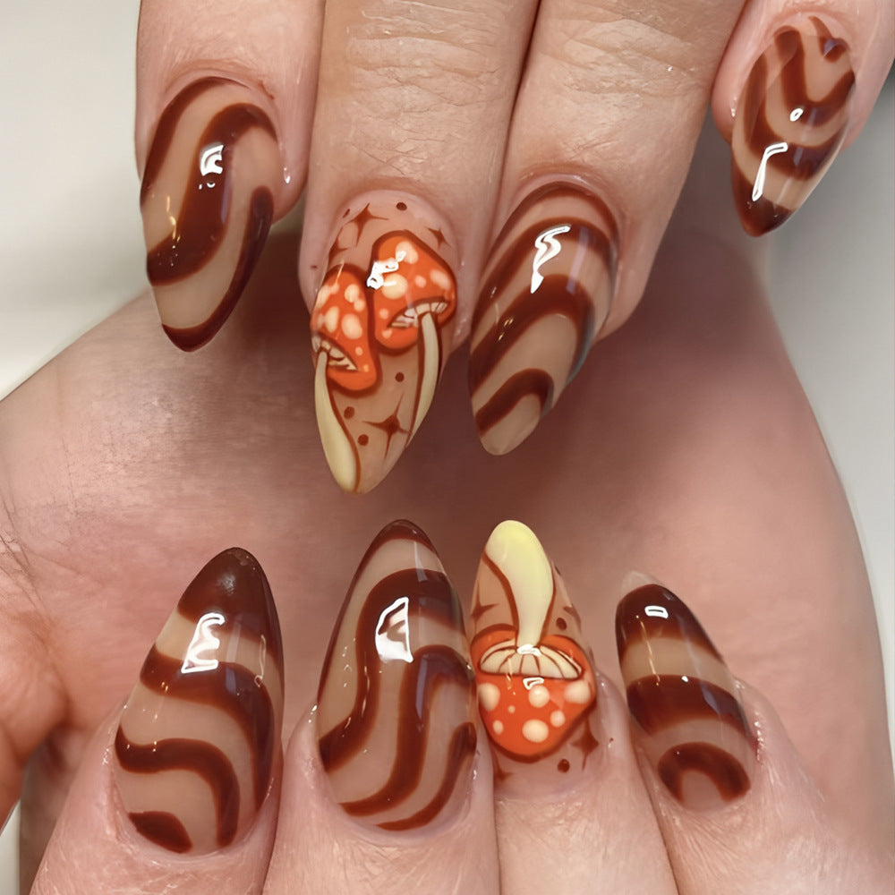 Whimsical Forest Elegance Long Almond Brown Swirl Press On Nail Set with Playful Mushroom Artistry