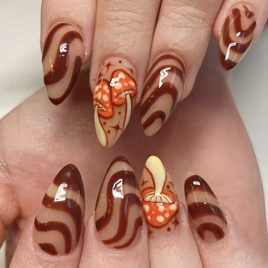 Whimsical Forest Elegance Long Almond Brown Swirl Press On Nail Set with Playful Mushroom Artistry