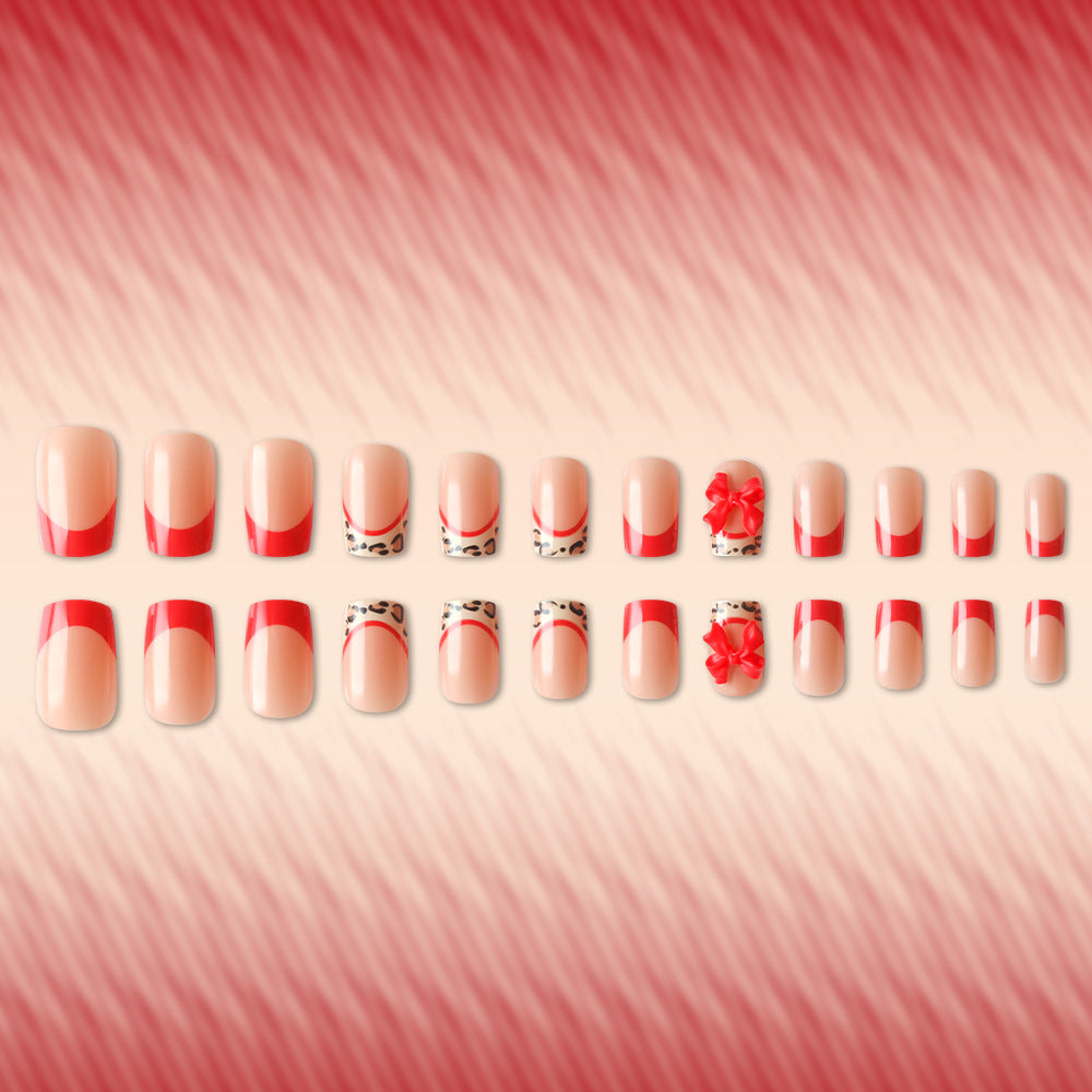 Chic Romance Short Square Red and Beige Nails with Leopard Print and Bow Accent