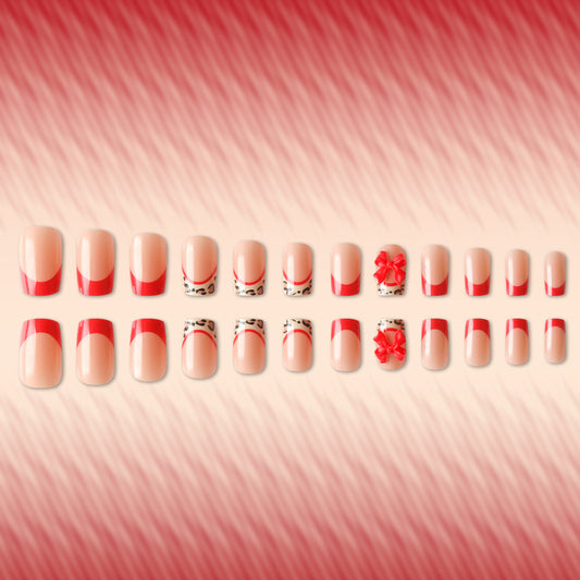 Chic Romance Short Square Red and Beige Nails with Leopard Print and Bow Accent