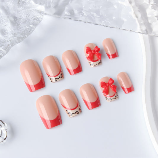 Chic Glamour Short Square Blush Pink and Bold Red with Adorable Bow Detail Press On Nail Set
