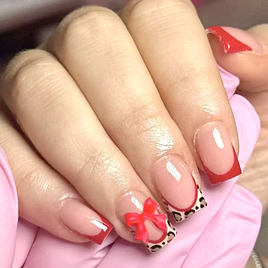 Charming Safari Short Square Red and Pink Press On Nail Set with Adorable Bow Detail