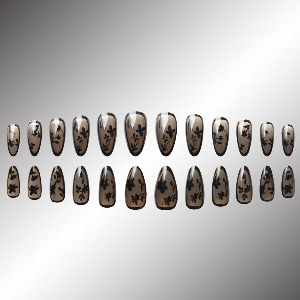 Floral Elegance Long Almond Transparent with Black Botanical Design Press On Nail Set