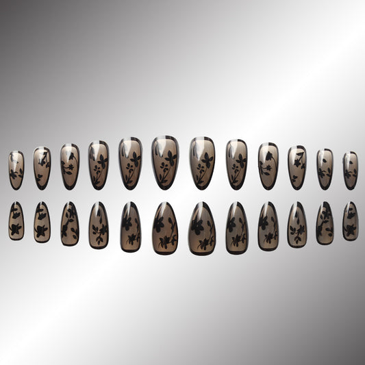 Floral Elegance Long Almond Transparent with Black Botanical Design Press On Nail Set
