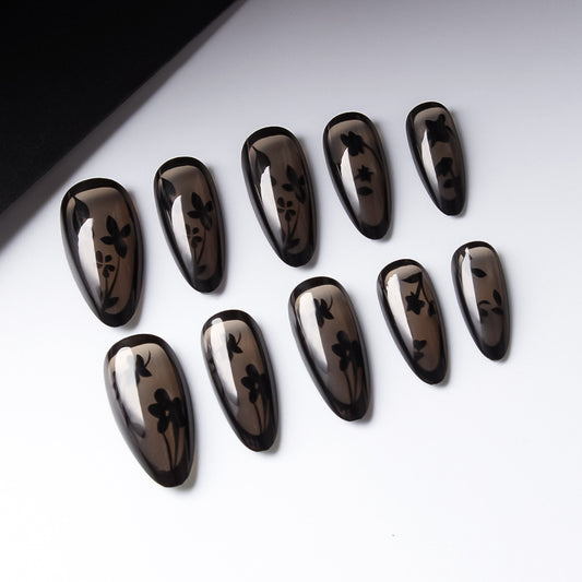 Whimsical Garden Dark Long Almond Press On Nail Set with Floral Silhouettes