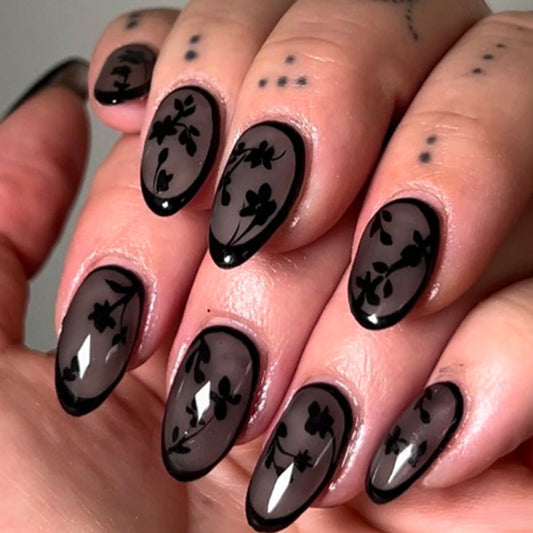 Enchanted Garden Elegant Long Almond Black and Gray Press on Nail Set with Floral Design