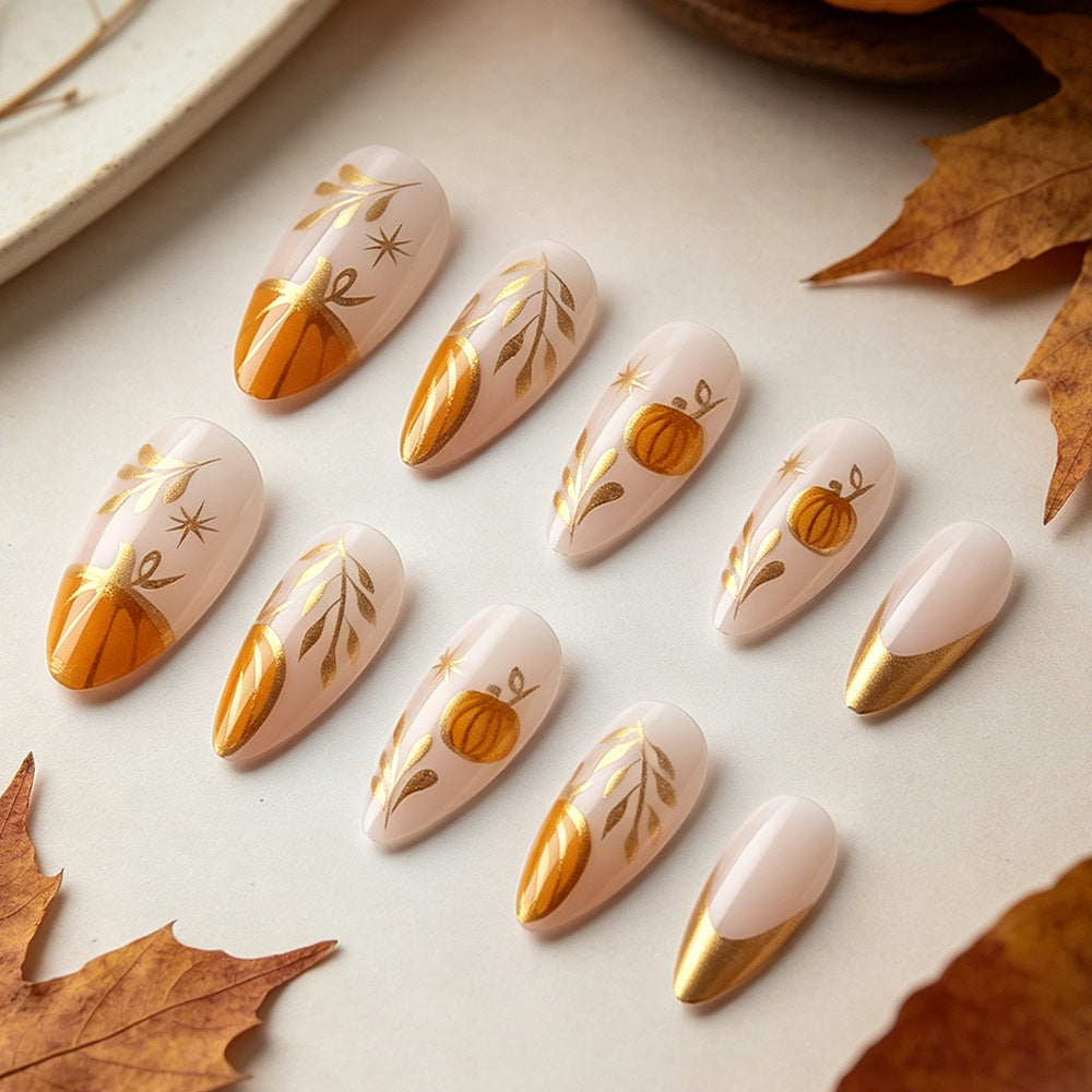 Autumn Vibe Medium Almond Peach with Gold Pumpkin Accents Press On Nail Set