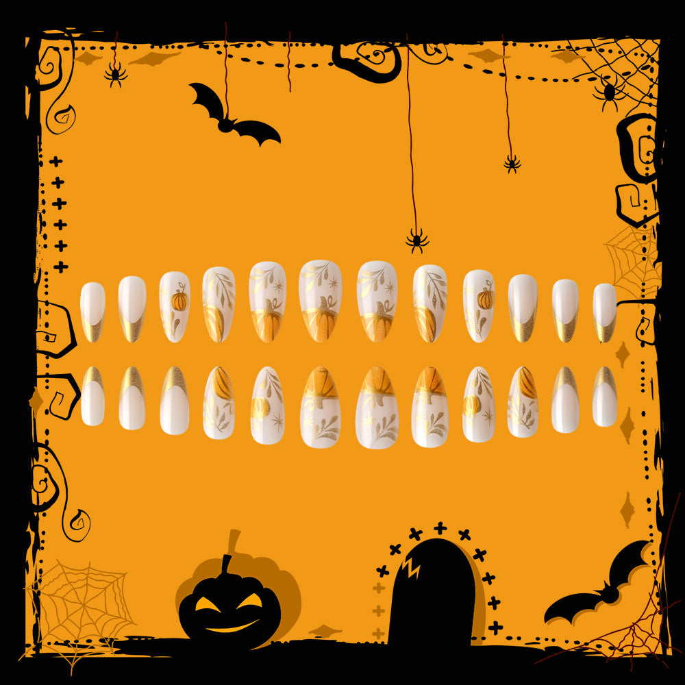 Spooky Vibes Long Almond Orange and White Press-On Nail Set with Unique Halloween Floral Design