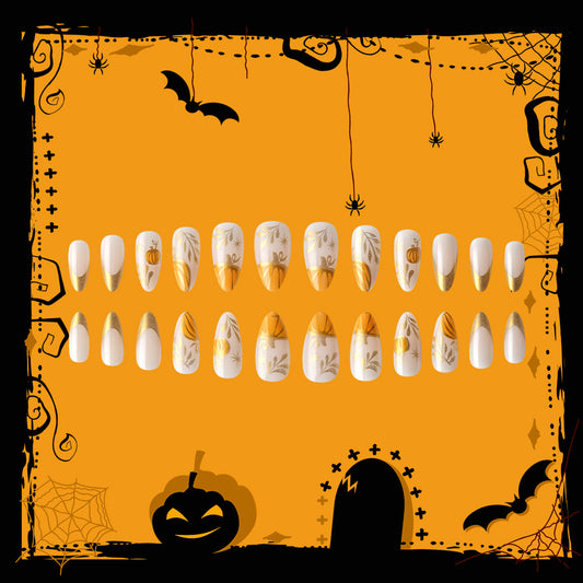 Spooky Vibes Long Almond Orange and White Press-On Nail Set with Unique Halloween Floral Design