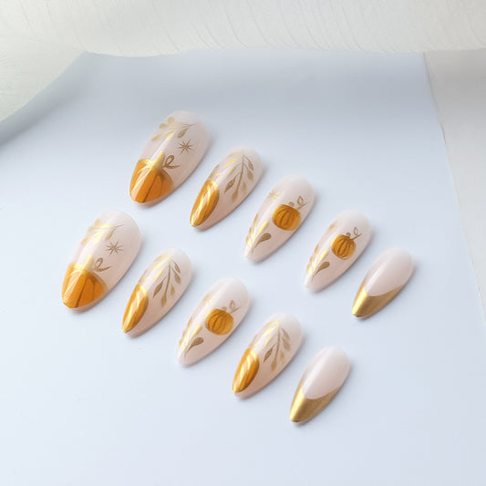 Autumn Elegance Long Almond Peach and Gold Metallic Floral Press-On Nail Set