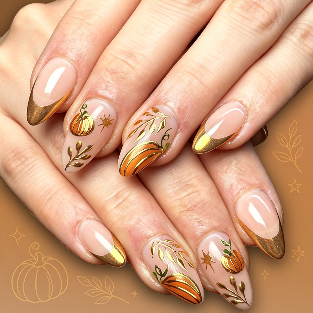 Autumn Elegance Short Almond Beige with Gold Tips and Pumpkin Design Press On Nail Set