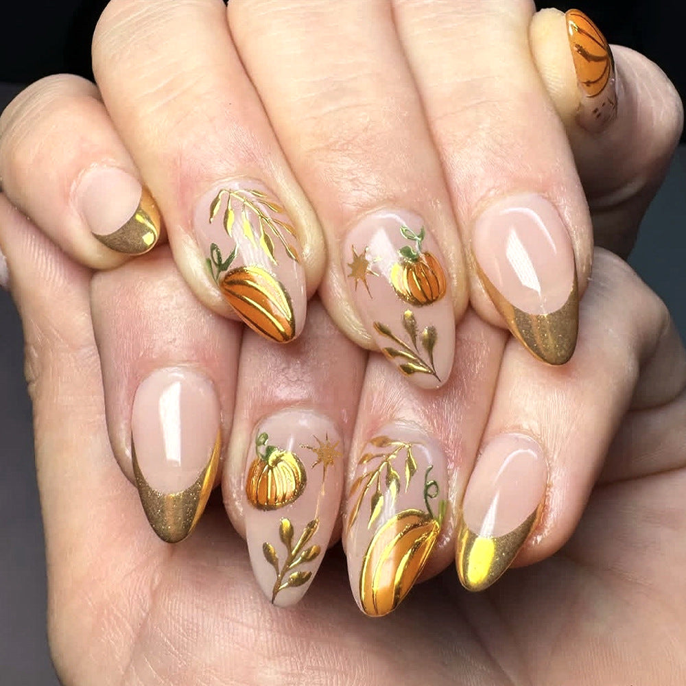 Harvest Elegance Long Almond Transparent with Golden Pumpkin Design Press On Nail Set