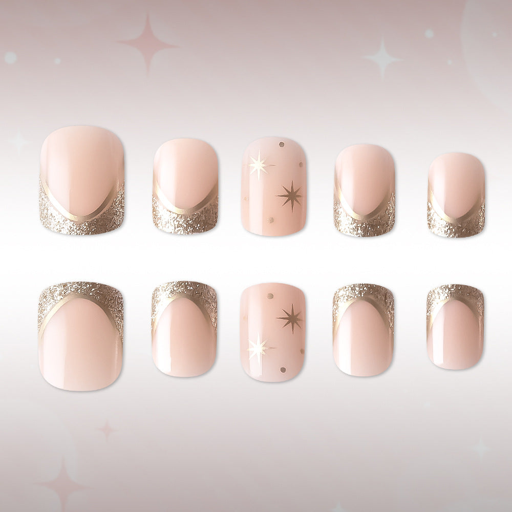 Celestial Glow Short Square Beige Press On Nail Set with Sparkling Gold Accents