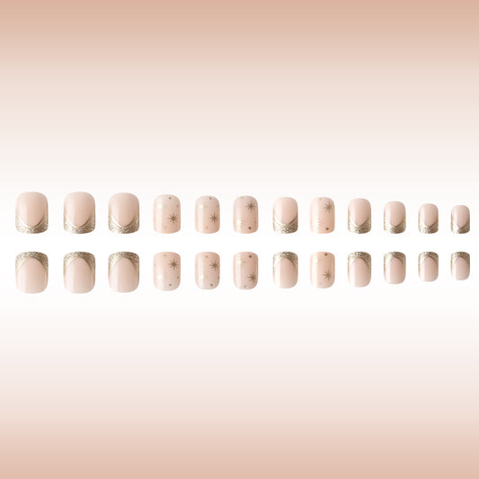 Celestial Elegance Short Square Blush Pink Press on Nail Set with Sparkling Gold Accents