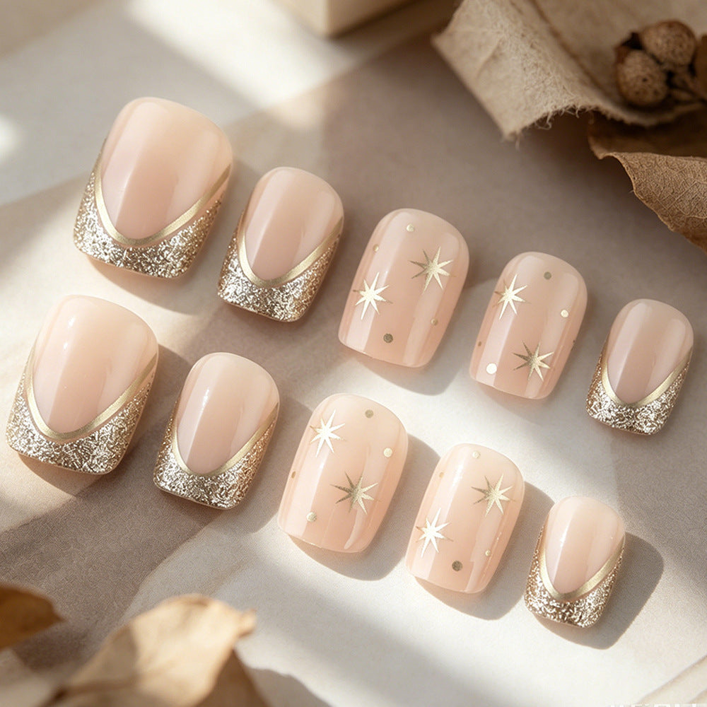Celestial Glamour Short Square Beige Nails with Glitter Accent