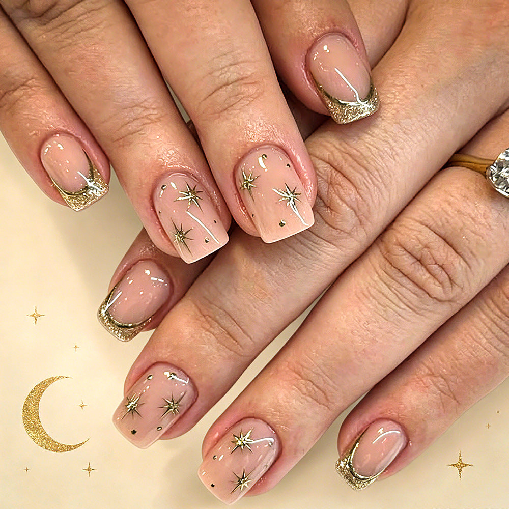 Celestial Charm Short Square Pink with Glittering Star Accents Nail Set