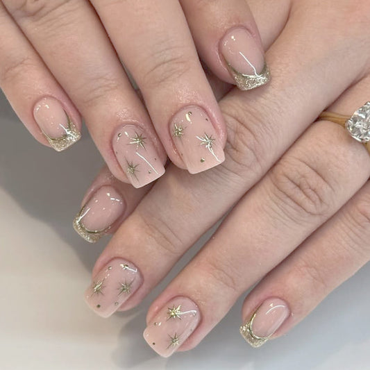 Celestial Glamour Short Square Press-On Nail Set in Soft Pink with Glittering Star Accents