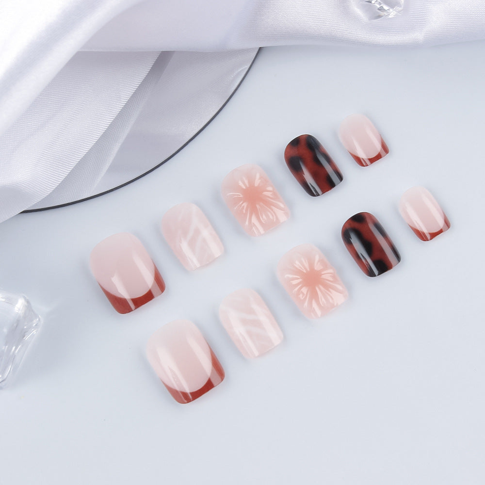 Chic Elegance Short Square Beige and Black Marble Press On Nail Set with Glossy Finish