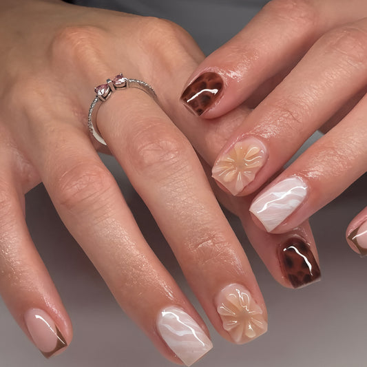 Bohemian Elegance Short Square Neutral Tones with Floral Accent Nail Set