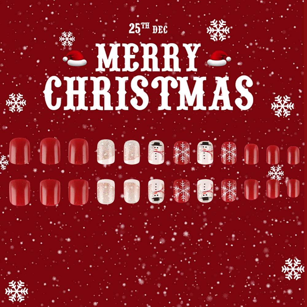 Festive Winter Wonderland Short Square Red Glitter and Snowman Design Press-On Nail Set
