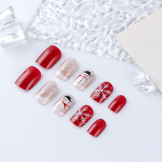 Winter Wonderland Red Short Square Press On Nail Set with Sparkling Snowman and Snowflake Designs