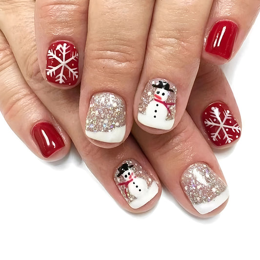 Winter Wonderland Short Square Red and Glittery Snowman Nail Set