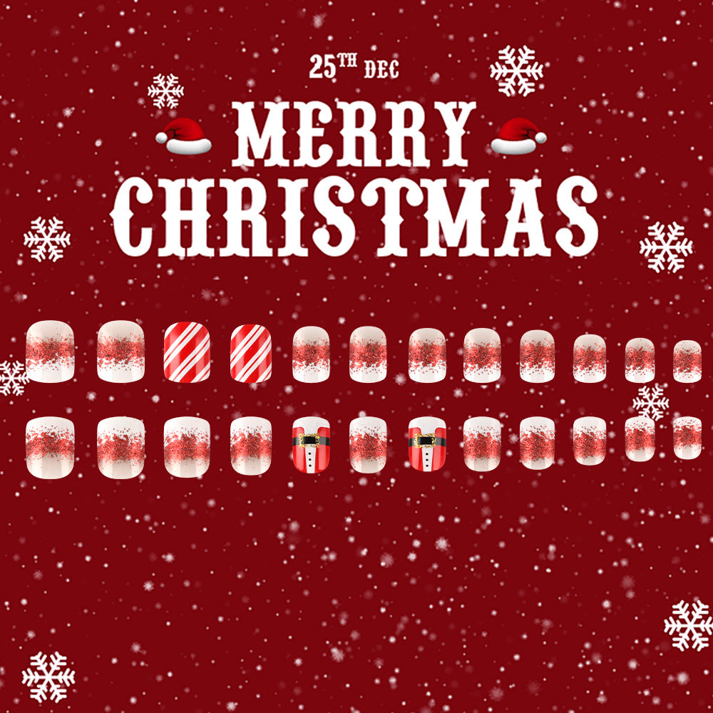 Festive Holiday Cheer Short Square Red and White Glittery Snowman Press On Nail Set