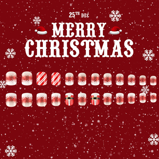 Festive Holiday Cheer Short Square Red and White Glittery Snowman Press On Nail Set
