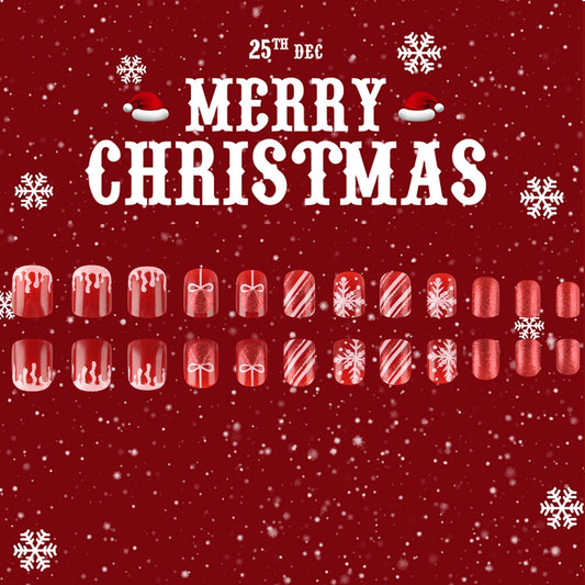 Festive Winter Wonderland Short Square Red Press On Nail Set with Glittery Snowflake and Candy Cane Designs