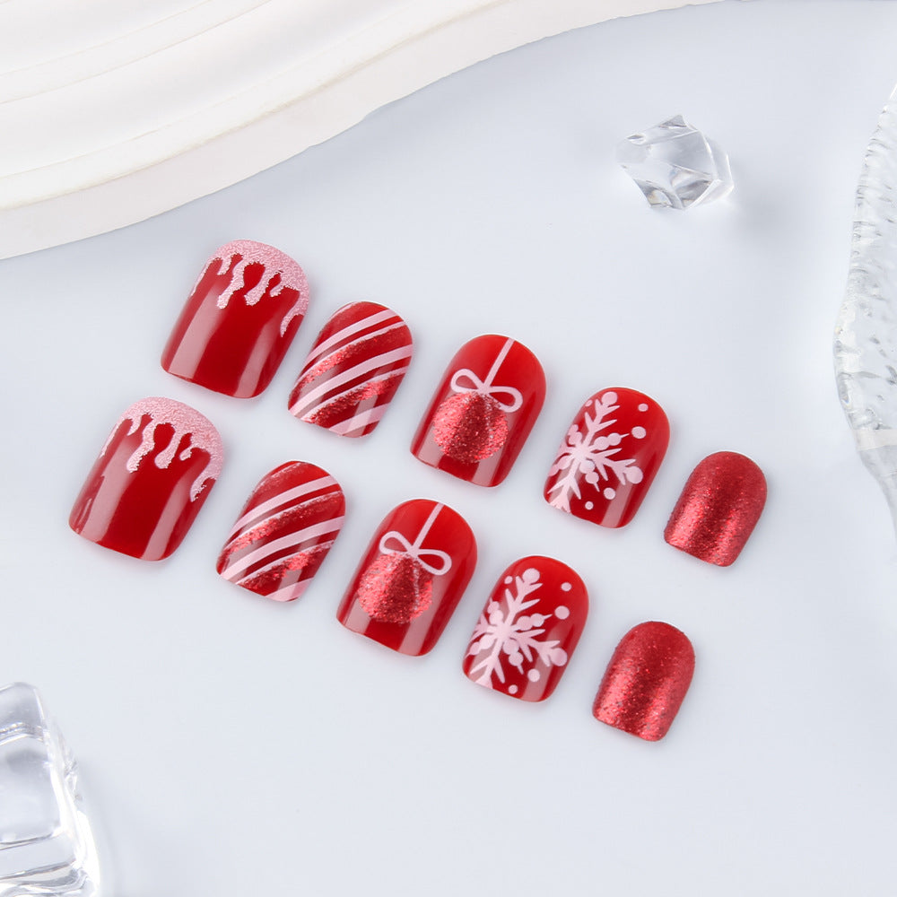 Festive Holiday Glam Short Square Press On Nail Set with Sparkling Glitter and Cheerful Winter Designs