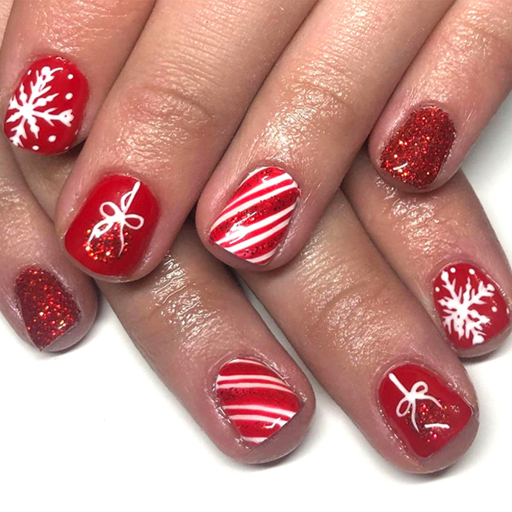 Festive Cheer Red Short Square Press on Nail Set with Sparkling Glitter and Charming Holiday Designs