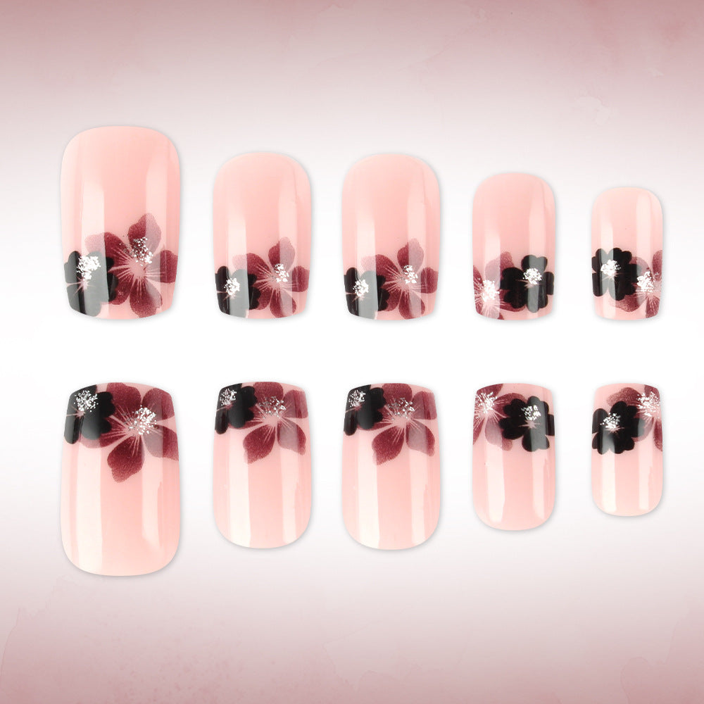 Floral Elegance Short Square Pink with Black Floral Design Press On Nail Set