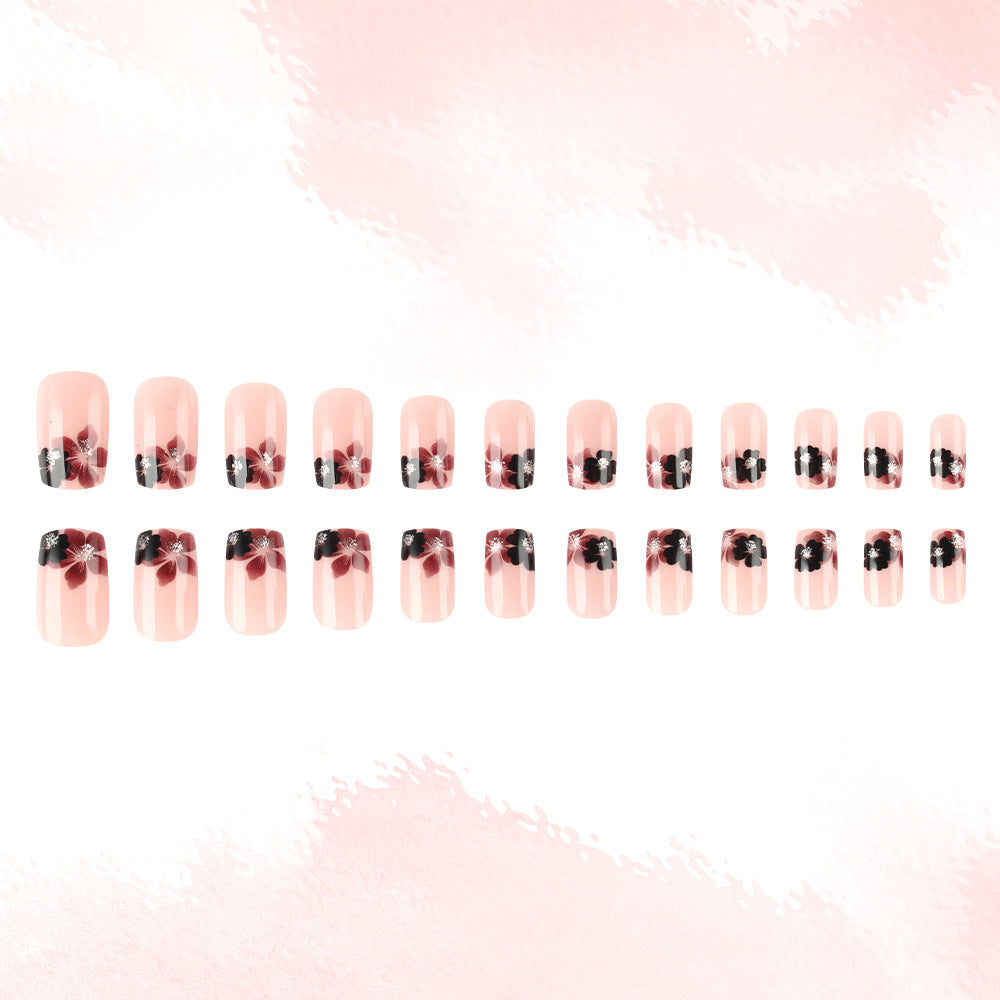 Elegant Blossom Serenity Medium Square Blush Pink Floral Design Press On Nail Set