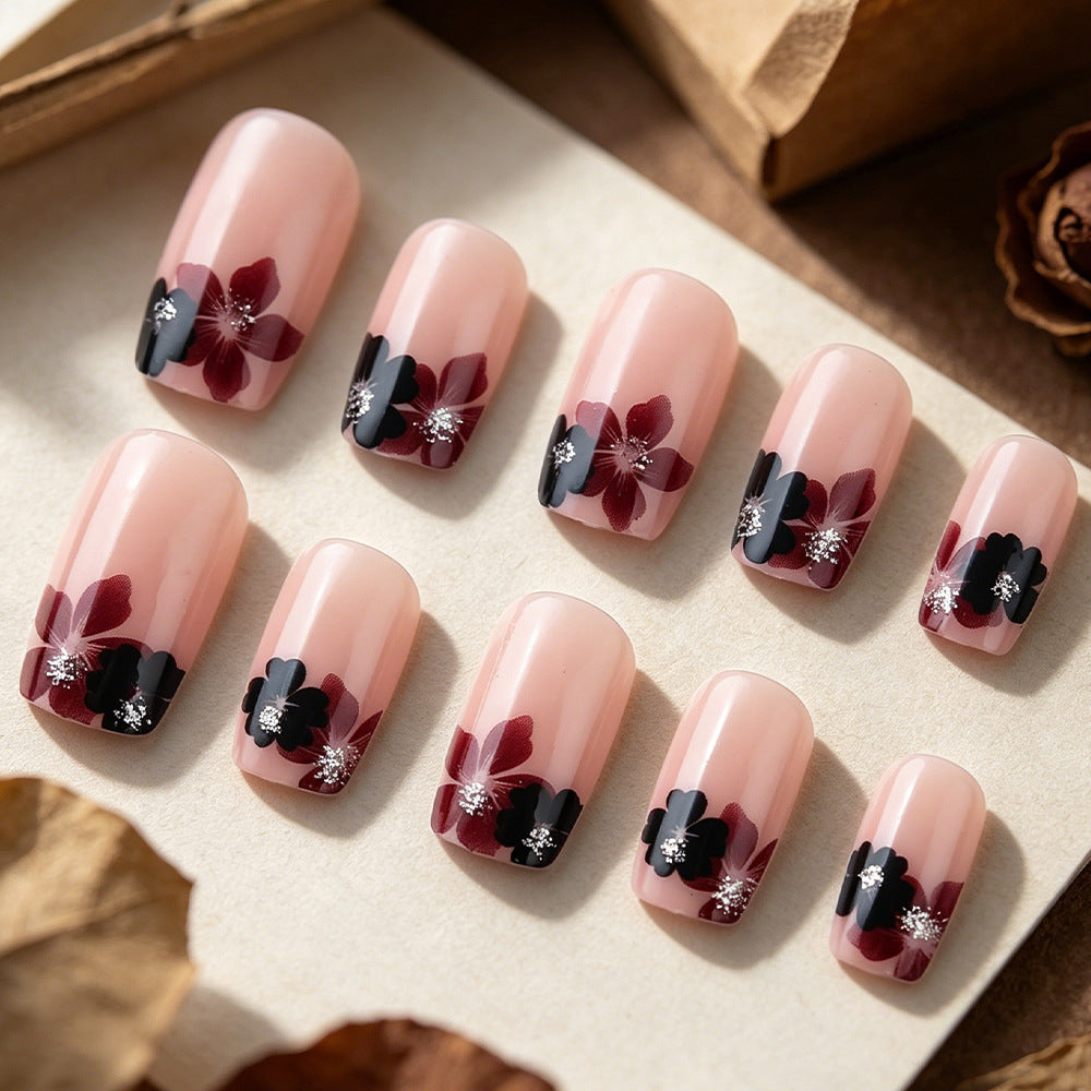 Blossom Elegance Short Square Beige Pink Press On Nail Set with Floral Design