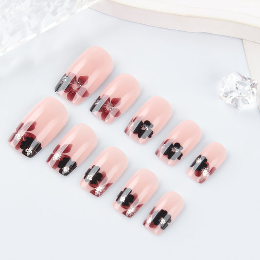 Blooming Elegance Medium Square Shaped Beige Press on Nails with Floral Design and Glitter Accents