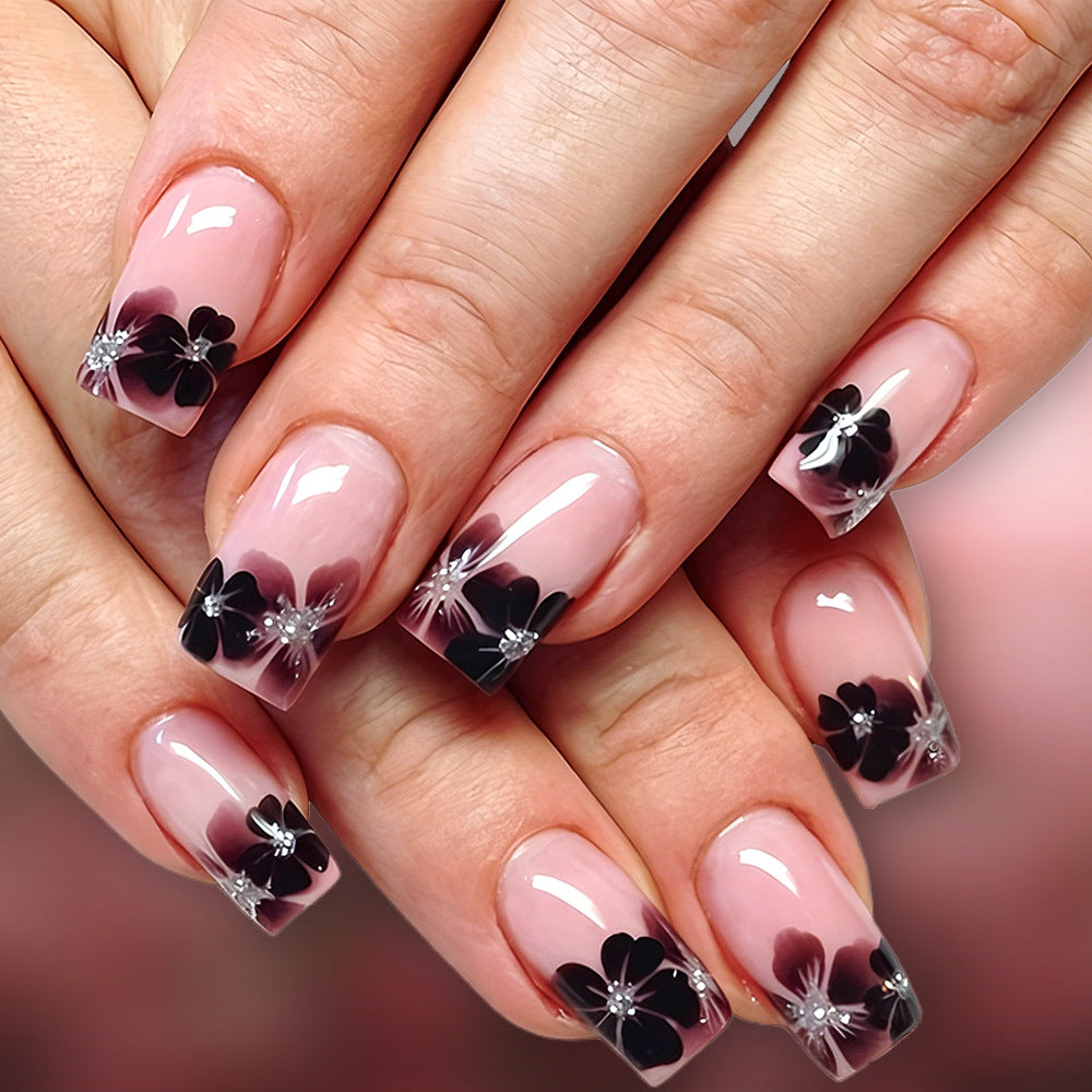 Elegant Floral Fantasy Medium Square Black Ombre Effect Press On Nail Set
