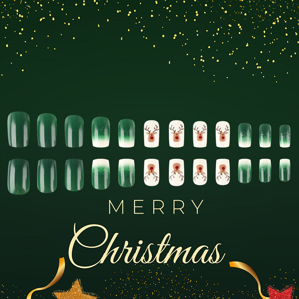 Festive Wonderland Charming Medium Square Green Press On Nail Set with Sparkling Reindeer Artwork