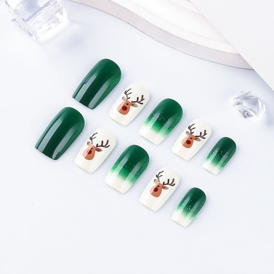 Festive Winter Wonderland Medium Square Green and White Gradient with Charming Reindeer Design Press On Nail Set