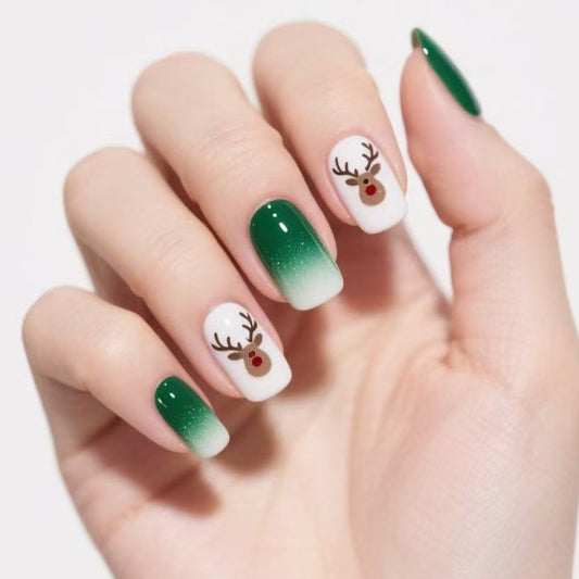 Festive Charm Medium Square Green Ombre with Whimsical Reindeer Design Nail Set
