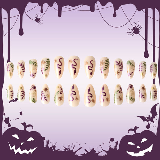 Hauntingly Chic Long Almond Shaped Beige Press On Nail Set with Dark Whimsical Designs