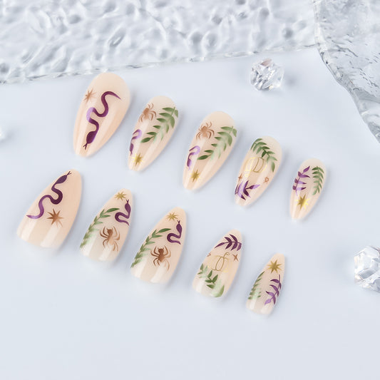 Mystical Garden Long Almond Peach Press on Nail Set with Unique Nature-Inspired Designs