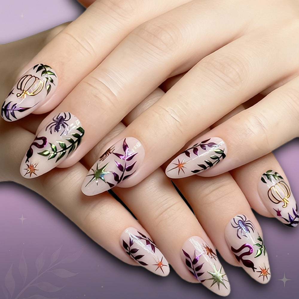 Autumn Elegance Medium Almond Purple Floral Press On Nail Set