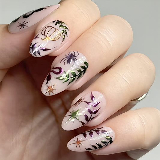 Mystical Garden long Almond Shaped Transparent Green and Purple Foil Press-On Nail Set with Intricate Botanical Designs