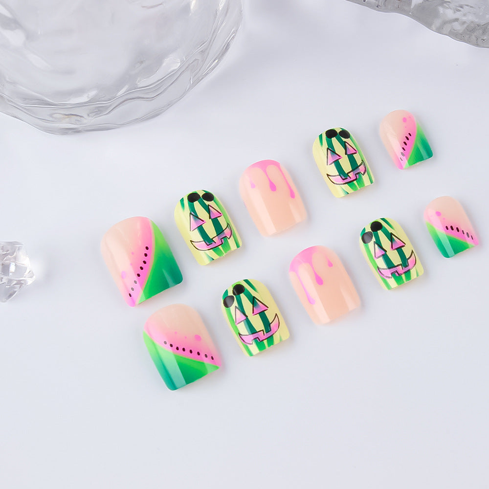 Watermelon Delight Short Square Green and Pink Drip Design Press On Nail Set