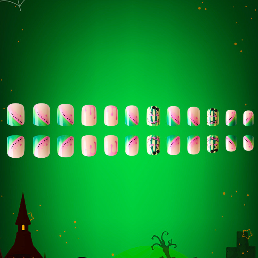 Spooky Glam Medium Square Pink and Green Gradient with Unique Halloween Designs Press on Nail Set