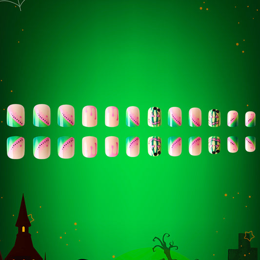 Spooky Glam Medium Square Pink and Green Gradient with Unique Halloween Designs Press on Nail Set