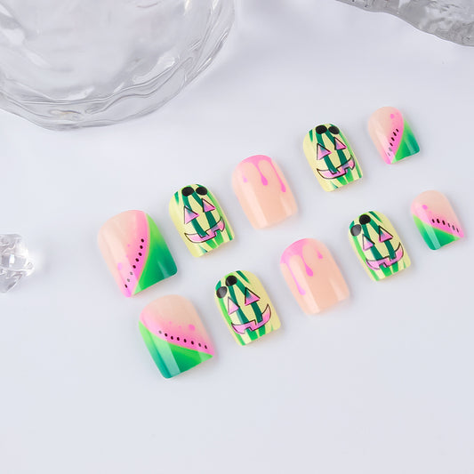Delightful Summer Vibes Medium Square Pastel Green and Pink Watermelon Themed Press On Nail Set with Fun Cartoon Faces
