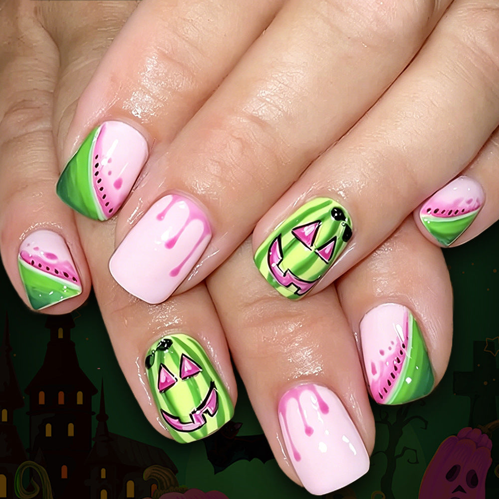 Spooktacular Short Square Green and Pink Watermelon Halloween Press On Nail Set